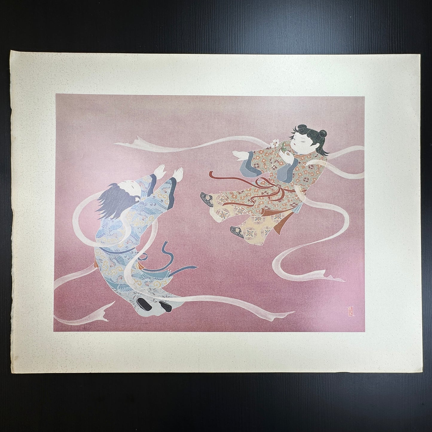 Yusui Toku Unai Series Tonbo 1978 Showa Era Kaga Yuzen Japanese art print of children and dragonflies on washi paper limited edition