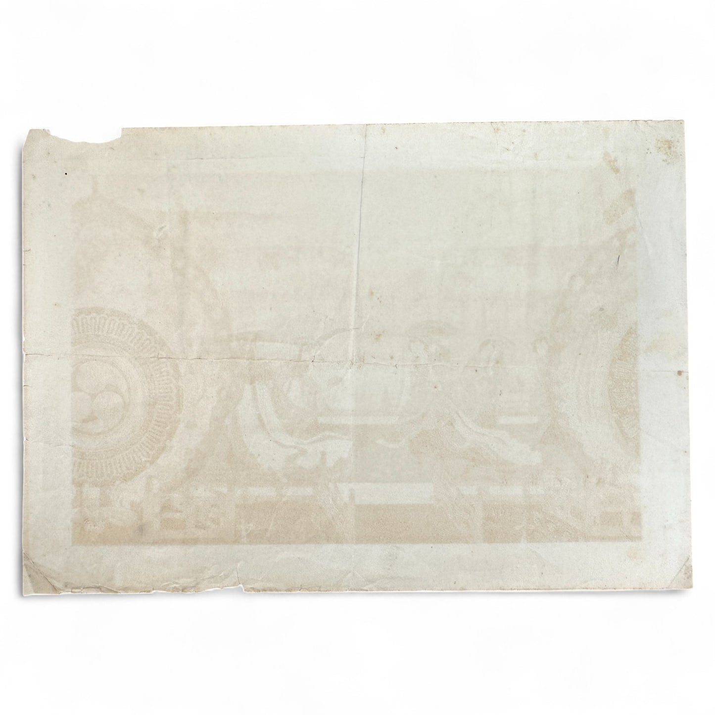 Antique Japanese woodblock lithograph of Heian-era Bugaku court dance with noblewomen in red robes between ornate imperial taiko drums, Meiji to early Shōwa period print