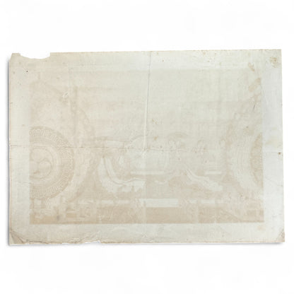 Antique Japanese woodblock lithograph of Heian-era Bugaku court dance with noblewomen in red robes between ornate imperial taiko drums, Meiji to early Shōwa period print