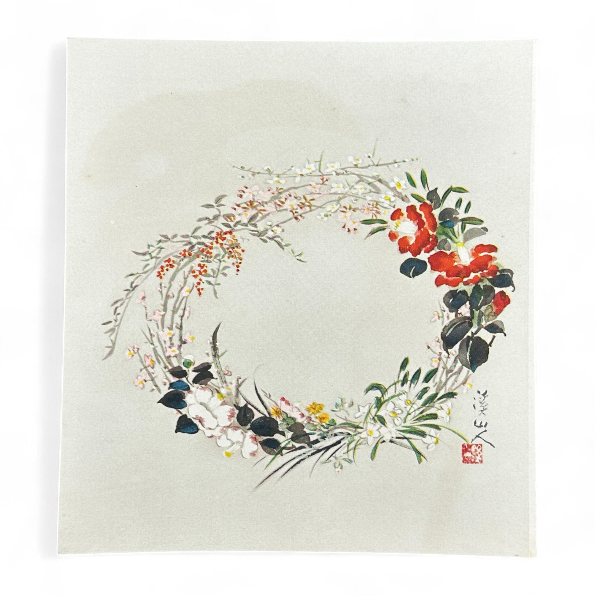 Partial set of 17 sheets from early Shōwa-era Japanese art portfolio Gendai Goju Meika Shogashu with Nihonga paintings and calligraphy by modern masters on washi paper