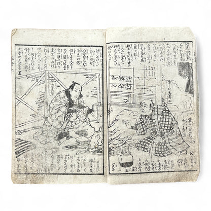 Edo Period Samurai Illustrated Book – Two Volumes Combined – Woodblock Printed Japanese Antique-B93