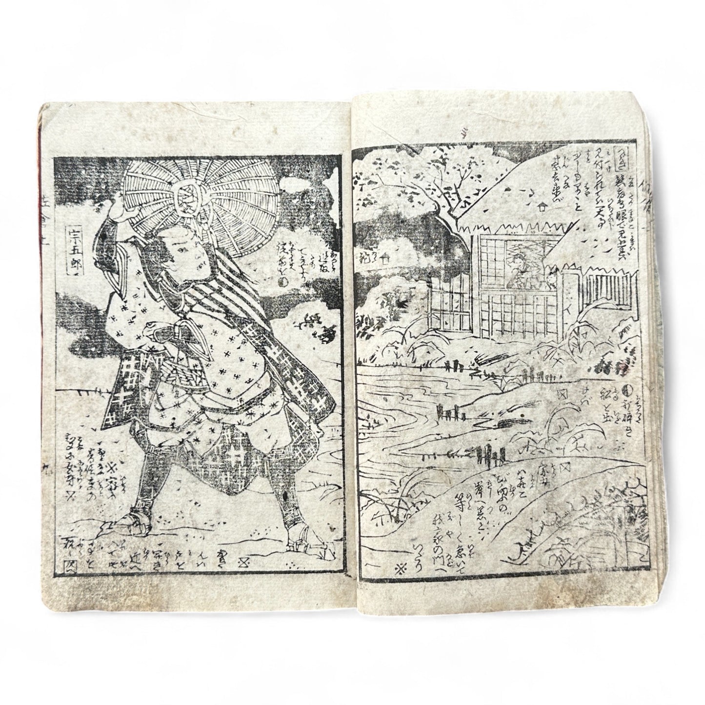 Edo Period Samurai Illustrated Book – Two Volumes Combined – Woodblock Printed Japanese Antique-B93