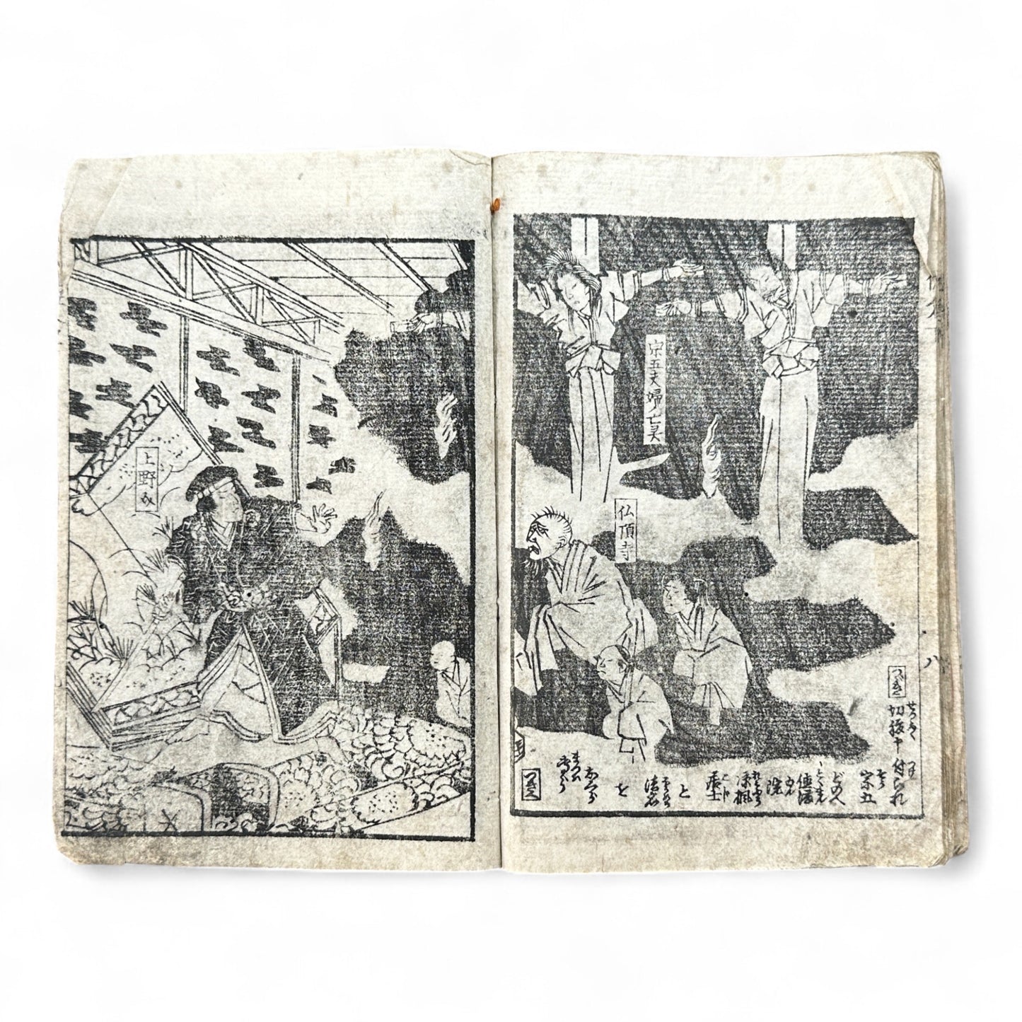 Edo Period Samurai Illustrated Book – Two Volumes Combined – Woodblock Printed Japanese Antique-B93