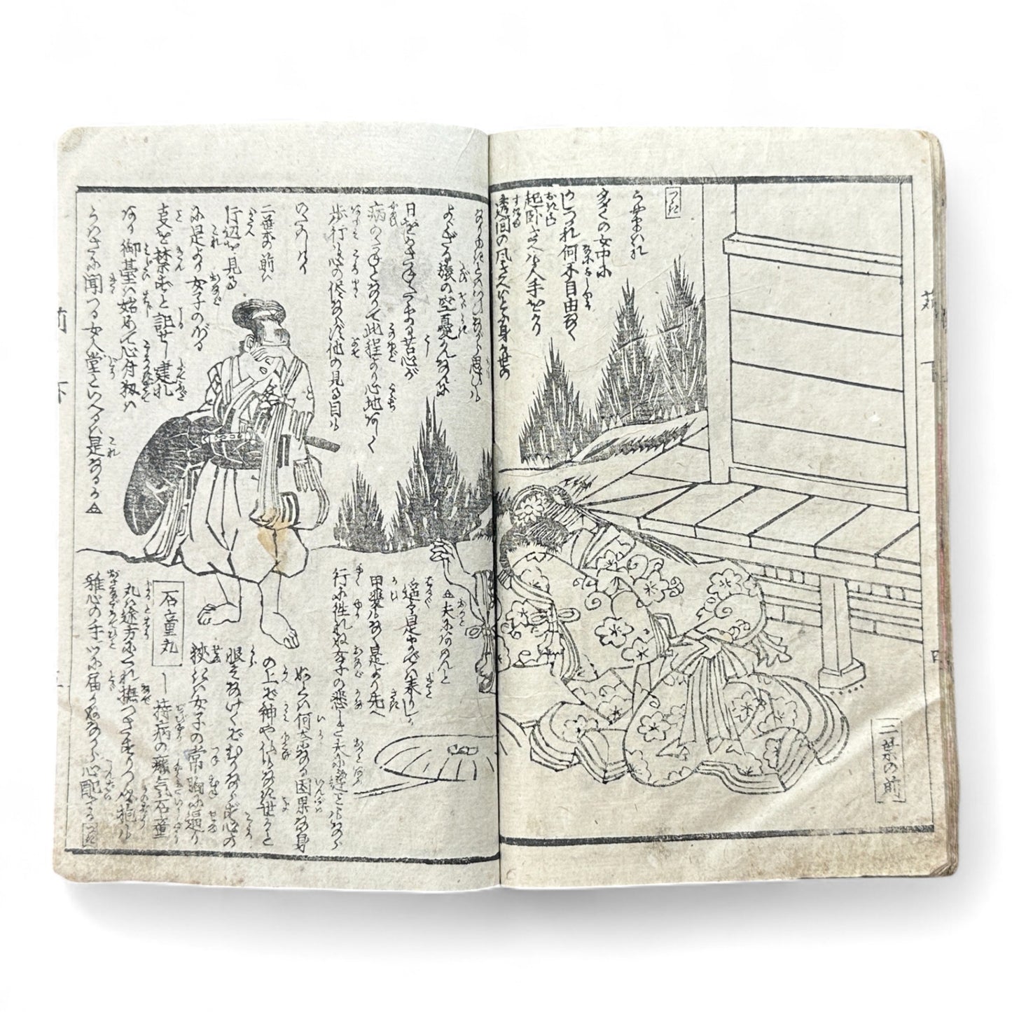 Edo Period Samurai & Landscape Illustrated Book – Two Volumes in One – Japanese Woodblock Printing-B94