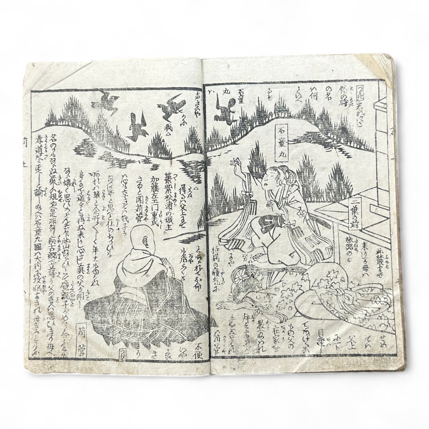 Edo Period Samurai & Landscape Illustrated Book – Two Volumes in One – Japanese Woodblock Printing-B94