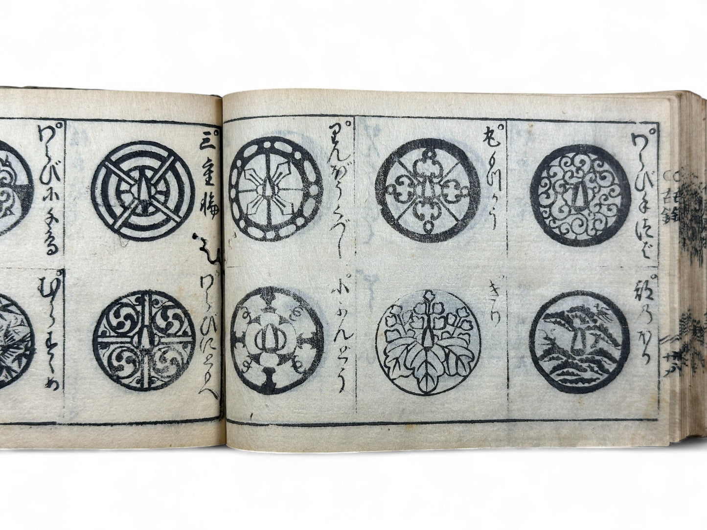 古今和漢萬寶全書 (Kokin Wakan Manpō Zensho) – Edo Period Japanese Woodblock Book – Metalwork & Crest Designs (Kamon) – Decorative Arts Encyclopedia – Rare Antique-B25
