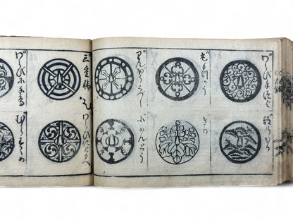 古今和漢萬寶全書 (Kokin Wakan Manpō Zensho) – Edo Period Japanese Woodblock Book – Metalwork & Crest Designs (Kamon) – Decorative Arts Encyclopedia – Rare Antique-B25